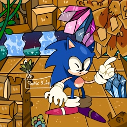 Size: 2048x2048 | Tagged: safe, artist:sonic3_da, sonic the hedgehog, labyrinth zone, sonic the hedgehog (1991), 2024, abstract background, cute, looking at viewer, pointing, signature, smile, solo, sonabetes, standing, wink