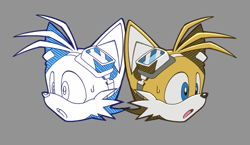 Size: 837x487 | Tagged: safe, artist:kayllacat, miles "tails" prower, 2024, :o, duality, grey background, head only, looking offscreen, mouth open, riders style, simple background, solo, sonic riders, sweatdrop