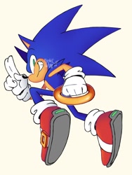 Size: 768x1024 | Tagged: safe, artist:rocketdo_g, sonic the hedgehog, holding something, looking at viewer, mid-air, ring, signature, simple background, smile, solo, white background