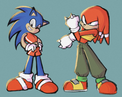 Size: 1350x1080 | Tagged: safe, artist:artfromars, knuckles the echidna, sonic the hedgehog, blue background, duo, frown, gender swap, simple background, smile, standing, stretching