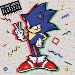 Size: 2048x2048 | Tagged: safe, artist:artfromars, sonic the hedgehog, abstract background, chest fluff, english text, hand on hip, looking at viewer, redraw, smile, solo, standing, v sign