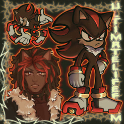 Size: 2048x2048 | Tagged: safe, artist:artfromars, shadow the hedgehog, human, abstract background, adventure pose, ear fluff, frown, humanized, outline, redraw, solo