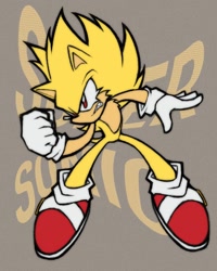 Size: 1080x1350 | Tagged: safe, artist:artfromars, sonic the hedgehog, super sonic, character name, cheek fluff, chest fluff, clenched fist, clenched teeth, flying, grey background, looking offscreen, redraw, simple background, solo, super form