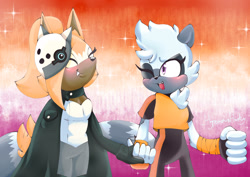 Size: 2048x1448 | Tagged: safe, artist:hypernovahusky, tangle the lemur, whisper the wolf, 2024, blushing, duo, holding hands, lesbian, lesbian pride, pride, pride flag background, redraw, shipping, smile, sparkles, standing, tangle x whisper