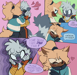 Size: 2048x1992 | Tagged: safe, artist:sonicattos, tangle the lemur, whisper the wolf, 2024, alternate outfit, blushing, blushing ears, comic, crossover, dialogue, duo, english text, eyes closed, heart, holding each other, kiss, lesbian, looking at them, shipping, smile, speech bubble, sweatdrop, tangle x whisper, the owl house