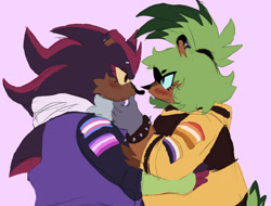 Size: 1245x948 | Tagged: safe, artist:sonicattos, shadow the hedgehog, surge the tenrec, alternate outfit, blue sclera, blushing, butch lesbian pride, clothes, duo, frown, holding each other, lesbian, lesbian pride, looking at each other, nonbinary, nonbinary pride, pride, purple background, shadow x surge, shipping, simple background, standing, t4t, trans female, trans pride, transgender, yellow sclera