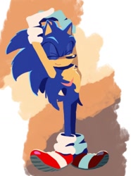 Size: 762x1026 | Tagged: safe, artist:urpersonalpublicgalaxy, sonic the hedgehog, abstract background, chest fluff, eyes closed, smile, solo, stretching, top surgery scars, trans male, transgender