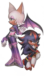 Size: 1192x2048 | Tagged: safe, artist:cambcts, rouge the bat, shadow the hedgehog, sonic heroes, cute, duo, rouge's heroes bodysuit, simple background, white background
