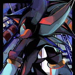Size: 2048x2048 | Tagged: safe, artist:kuroiyuki96, shadow the hedgehog, sonic adventure 2, abstract background, border, looking back, redraw, solo, standing