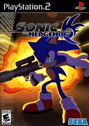 Size: 1451x2048 | Tagged: safe, artist:galaxy_cowboy, sonic the hedgehog, 2022, abstract background, alignment swap, alternate universe, bazooka, box art, clenched teeth, explosion, holding something, redraw, sega logo, shadow the hedgehog (video game), standing