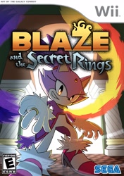 Size: 1445x2048 | Tagged: safe, artist:galaxy_cowboy, blaze the cat, 2022, abstract background, alternate universe, box art, fire, flame, looking at viewer, redraw, sega logo, smile, solo, sonic and the secret rings, standing