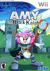 Size: 1447x2048 | Tagged: safe, artist:galaxy_cowboy, amy rose, sonic and the black knight, 2022, abstract background, alternate universe, box art, frown, holding something, redraw, sega logo, solo, standing