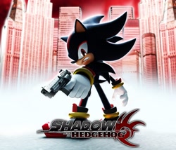 Size: 1920x1644 | Tagged: safe, artist:luxar_b3d, shadow the hedgehog, 2023, 3d, abstract background, clenched teeth, frown, gun, holding something, looking at viewer, looking back, looking back at viewer, redraw, shadow the hedgehog (video game), solo