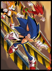 Size: 640x877 | Tagged: safe, artist:nazo_kg, knuckles the echidna, miles "tails" prower, sonic the hedgehog, sonic heroes, abstract background, looking ahead, looking offscreen, rail canyon, rail grinding, railing, smile, team sonic, trio