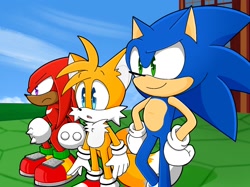 Size: 1430x1072 | Tagged: safe, artist:lazlo-pizzazzlo, knuckles the echidna, miles "tails" prower, sonic the hedgehog, sonic heroes, 2021, :o, abstract background, daytime, frown, grand metropolis, hands on hips, looking ahead, looking offscreen, mouth open, outdoors, redraw, smile, standing, team sonic, trio