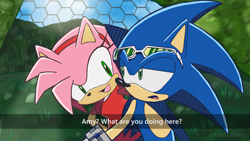 Size: 1600x900 | Tagged: safe, artist:kartinx, amy rose, sonic the hedgehog, sonic riders: zero gravity, 2023, abstract background, daytime, dialogue, duo, english text, looking at each other, mouth open, redraw, riders style