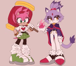 Size: 2048x1787 | Tagged: safe, artist:proj-sh4dow, amy rose, blaze the cat, 2024, beige background, duo, eye clipping through hair, flame, frown, holding something, looking offscreen, piko piko hammer, redesign, simple background, smile, standing