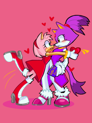 Size: 1535x2048 | Tagged: safe, artist:jumpingjoolie, amy rose, blaze the cat, 2024, amy x blaze, blushing, book, duo, heart, holding something, lesbian, looking at each other, nose boop, noses are touching, pink background, shipping, simple background, standing, tripping