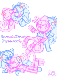 Size: 768x1024 | Tagged: safe, artist:lilcookiebug, espio the chameleon, sonic the hedgehog, 2024, duo, gay, heart, hugging, hugging from behind, kiss, monochrome, ship name, shipping, signature, simple background, sketch, sonespio, surprise hug, surprised, wagging tail, white background