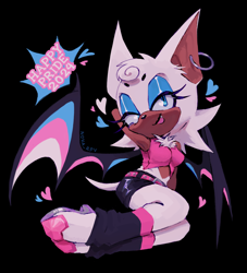 Size: 1348x1484 | Tagged: safe, artist:nova-rpv, rouge the bat, 2024, alternate outfit, black background, english text, hand behind head, heart, kneeling, looking at viewer, pride, simple background, smile, solo, trans female, trans pride, transgender