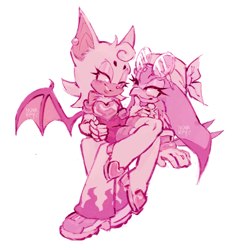 Size: 1894x1983 | Tagged: safe, artist:nova-rpv, rouge the bat, wave the swallow, 2024, beanbrows, carrying them, duo, finger under chin, lesbian, lidded eyes, looking at each other, nonbinary, shipping, signature, simple background, sitting, smile, t4t, trans female, transgender, wavouge, white background