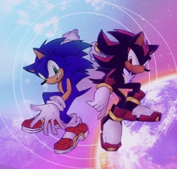 Size: 640x610 | Tagged: safe, artist:glitchedcosmos, shadow the hedgehog, sonic the hedgehog, sonic adventure 2, 2024, abstract background, duo, frown, looking at viewer, redraw, smile, soap shoes, standing