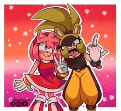 Size: 1200x1100 | Tagged: safe, artist:jerseyl0ad1ng, amy rose, surge the tenrec, 2024, blushing, border, devil horns (gesture), duo, lesbian, lesbian pride, looking at them, looking at viewer, outline, pride, shipping, signature, smile, standing, star (symbol), surgamy, tongue out, tongue peircing, v sign