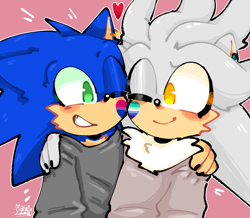Size: 2048x1785 | Tagged: safe, artist:matrix--lazy, silver the hedgehog, sonic the hedgehog, arm around shoulders, bisexual, bisexual pride, blushing, clothes, cute, duo, face paint, gay, heart, holding each other, mlm pride, outline, pink background, shipping, signature, silvabetes, simple background, smile, sonabetes, sonilver, sweater, wink