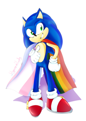 Size: 2048x2897 | Tagged: safe, artist:hypernovahusky, sonic the hedgehog, cape, gay pride, looking at viewer, pride, redraw, signature, simple background, smile, solo, standing, trans pride, white background