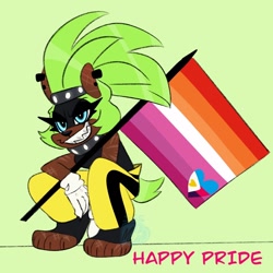 Size: 1024x1024 | Tagged: safe, artist:platypusenjoyer96, surge the tenrec, crouching, english text, flag, green background, holding something, lesbian, lesbian pride, looking at viewer, paws, polyamorous, polyamorous pride, pride, pride flag, simple background, smile, solo