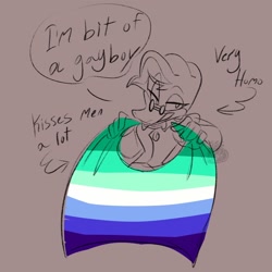 Size: 1024x1024 | Tagged: safe, artist:platypusenjoyer96, dr. starline, brown background, dialogue, english text, flag, gay, holding something, line art, looking at viewer, mlm pride, pride, pride flag, simple background, smile, solo, speech bubble, watermark