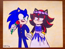 Size: 2048x1536 | Tagged: safe, artist:rainbowdaydream13, shadow the hedgehog, sonic the hedgehog, clothes, dress, duo, femboy, flower, flower crown, gay, holding hands, holding something, lidded eyes, looking at each other, rose, shadow x sonic, shipping, signature, smile, standing, suit, traditional media