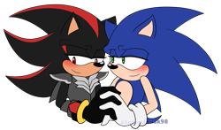 Size: 1867x1095 | Tagged: safe, artist:shadowfreak98, shadow the hedgehog, sonic the hedgehog, sonic and the black knight, blushing, duo, flat colors, gay, holding hands, king arthur, lidded eyes, looking at them, looking away, shadow x sonic, shipping, signature, simple background, sir lancelot, smile, transparent background