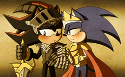 Size: 1976x1228 | Tagged: safe, artist:shadowfreak98, shadow the hedgehog, sonic the hedgehog, sonic and the black knight, abstract background, blushing, duo, gay, holding another's arm, holding something, king arthur, lidded eyes, looking at them, looking away, shadow x sonic, shipping, sir lancelot, smile, standing, sword