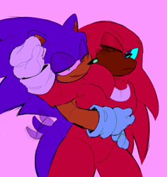 Size: 520x552 | Tagged: safe, artist:ainkmessinacup, knuckles the echidna, sonic the hedgehog, duo, frown, gay, hugging, hugging from behind, knuxonic, one eye closed, purple background, shipping, simple background, smile, standing, wagging tail