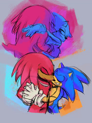 Size: 1542x2048 | Tagged: safe, artist:permo2003, knuckles the echidna, sonic the hedgehog, cute, duo, eyes closed, gay, grey background, holding each other, holding hands, knuxonic, lidded eyes, looking at each other, shipping, simple background, sketch, smile, standing
