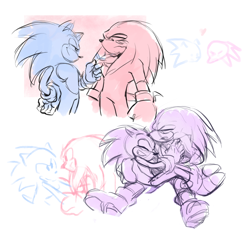 Size: 2048x2004 | Tagged: safe, artist:permo2003, knuckles the echidna, sonic the hedgehog, duo, finger under chin, frown, gay, holding each other, knuxonic, lidded eyes, looking at each other, monochrome, shipping, simple background, sitting, sketch, smile, standing, white background