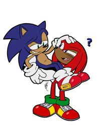 Size: 1024x1271 | Tagged: safe, artist:swift-kwikster, knuckles the echidna, sonic the hedgehog, blushing, carrying them, duo, gay, hand on another's head, knuxonic, looking at each other, question mark, shipping, signature, simple background, standing, white background
