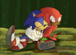 Size: 1024x738 | Tagged: safe, artist:swift-kwikster, knuckles the echidna, sonic the hedgehog, abstract background, blushing, eyes closed, gay, holding hands, knuxonic, looking at them, outdoors, shipping, signature, sitting, smile