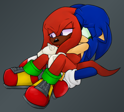 Size: 1961x1764 | Tagged: safe, artist:renegadeknucks, knuckles the echidna, sonic the hedgehog, duo, floppy ears, gay, grey background, hugging, hugging from behind, knuxonic, lidded eyes, looking away, sad, shipping, simple background, sitting