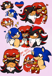 Size: 1235x1805 | Tagged: safe, artist:renegadeknucks, knuckles the echidna, shadow the hedgehog, sonic the hedgehog, arm around shoulders, blushing, cute, dialogue, english text, gay, heart, knucklebetes, knuxadow, knuxonadow, knuxonic, one fang, pink background, polyamorous pride, polyamory, shadow x sonic, shadowbetes, sharp teeth, shipping, simple background, smile, sonabetes, top surgery scars, trans male, transgender, trio