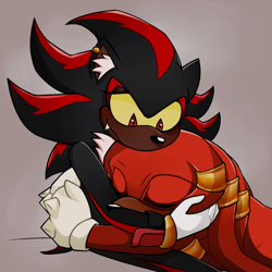 Size: 1500x1503 | Tagged: safe, artist:renegadeknucks, knuckles the echidna, shadow the hedgehog, cute, duo, ear fluff, ear piercing, earring, eyes closed, gay, grey background, holding each other, holding them, knuxadow, looking at them, lying on front, one fang, shipping, simple background, sitting, smile, yellow sclera