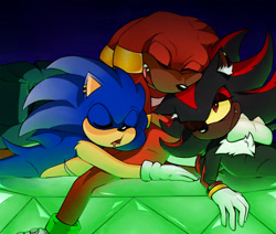 Size: 2048x1738 | Tagged: safe, artist:renegadeknucks, knuckles the echidna, shadow the hedgehog, sonic the hedgehog, abstract background, drooling, eyes closed, gay, knuxadow, knuxonadow, looking at them, master emerald, mouth open, nighttime, one eye closed, one fang, outdoors, polyamory, shadow x sonic, shipping, sleeping, smile, top surgery scars, trans male, transgender, trio