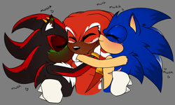 Size: 2048x1231 | Tagged: safe, artist:renegadeknucks, knuckles the echidna, shadow the hedgehog, sonic the hedgehog, blushing, gay, green blush, grey background, holding each other, kiss on cheek, knuxadow, knuxonadow, knuxonic, mwah, polyamory, sfx, shadow x sonic, shipping, simple background, smile, top surgery scars, trans male, transgender, trio