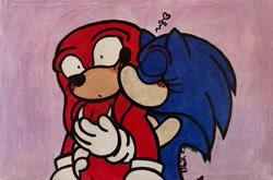 Size: 2047x1352 | Tagged: safe, artist:thenamesellen, knuckles the echidna, sonic the hedgehog, blushing, duo, eyes closed, gay, heart, hugging, hugging from behind, kiss on cheek, knuxonic, shipping, shrunken pupils, signature, standing