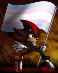 Size: 2048x2548 | Tagged: safe, artist:priestly-prince, shadow the hedgehog, abstract background, alternate version, flag, frown, holding something, looking offscreen, pride, pride flag, solo, standing, textless version, trans male, trans pride, transgender