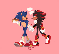 Size: 1432x1310 | Tagged: safe, artist:vreskah, shadow the hedgehog, sonic the hedgehog, blushing, chili dog, cute, duo, eyes closed, gay, heart, holding hands, holding something, looking at them, missing accessory, pink background, shadow x sonic, shipping, signature, simple background, smile, sonic boom (tv), speech bubble, walking