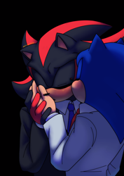 Size: 2048x2897 | Tagged: safe, artist:foolnamedjoey, shadow the hedgehog, sonic the hedgehog, black background, blushing, clothes, duo, eyes closed, gay, hands on another's face, kiss on cheek, shadow x sonic, shipping, simple background, suit