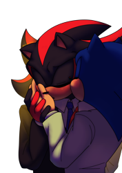 Size: 2048x2897 | Tagged: safe, artist:foolnamedjoey, shadow the hedgehog, sonic the hedgehog, alternate version, blushing, clothes, duo, eyes closed, gay, hands on another's face, kiss on cheek, shadow x sonic, shipping, simple background, suit, transparent background
