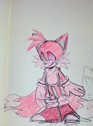 Size: 1505x2048 | Tagged: safe, artist:seldompathic, miles "tails" prower, 2024, alternate eye color, looking offscreen, red eyes, sketch, smile, solo, standing, traditional media